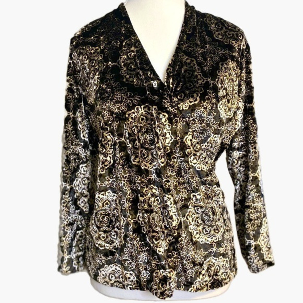 Jones New York Black and Gold‎ Velour Long Sleeve V-Neck Blouse